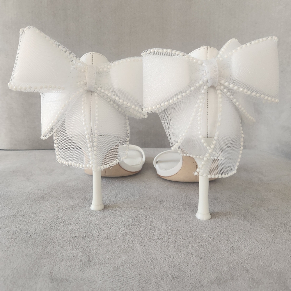 Deltan Heeled Sandals 8.5 White Leather Mesh Back Bow Wedding Bridal New$110